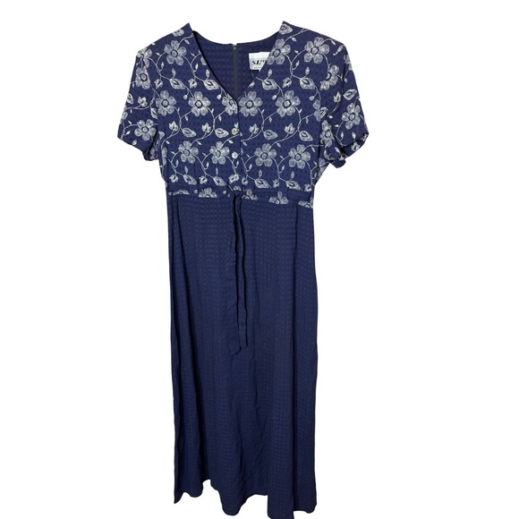 S.L. Fashions Dresses & Skirts - Vintage SL Fashions Navy Blue Floral Embroidered Empire Waist Maxi Dress 10 USA